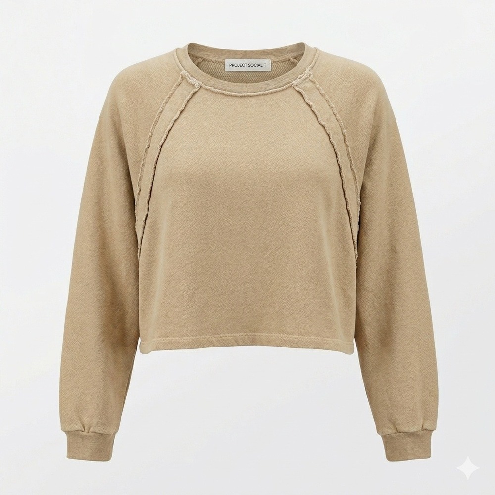 Project Social T Sweatshirt XS Tan Cropped Raw Seam Pullover‎ Boxy Fit